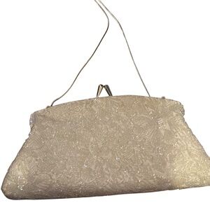 Vintage Elegant White Beaded Clutch with metal crossbody strap